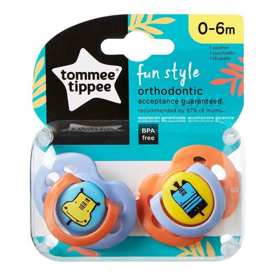 Set ciuccio ortodontico ippopotamo/giraffa, stile divertente, 0-6 mesi, 2 pezzi, Tommee Tippee