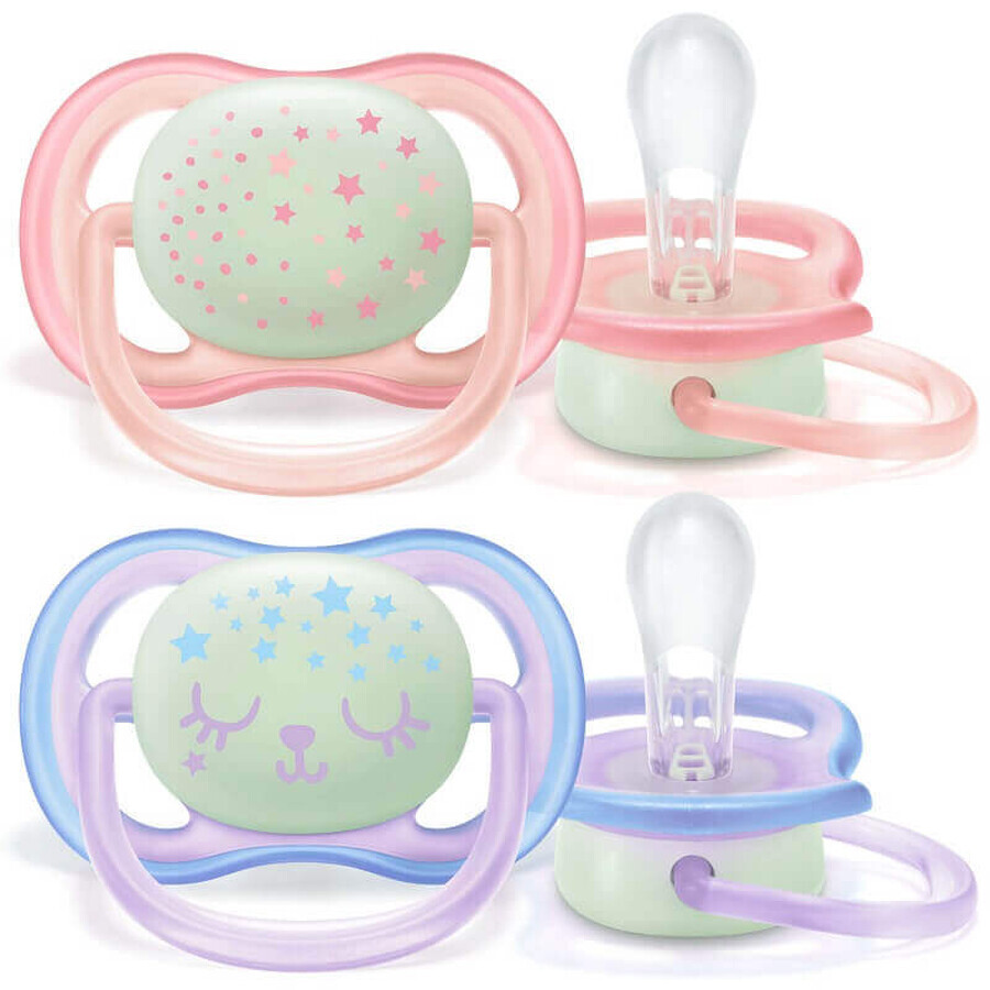 Ciuccio Ultra air con anello fosforescente, bambine 0-6 mesi, 2 pz, SCF376/12, Philips Avent