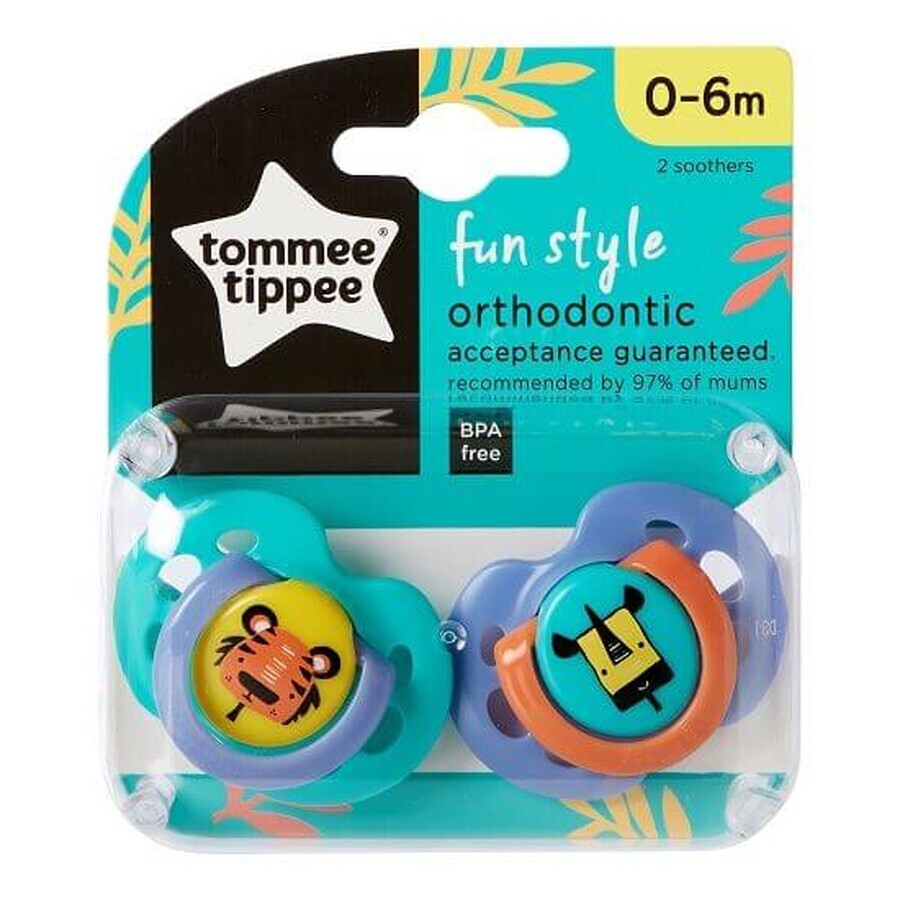 Fun Ecomm tigre/rinoceronte ciucci ortodontici diurni, 0-6 mesi, Tommee Tippee