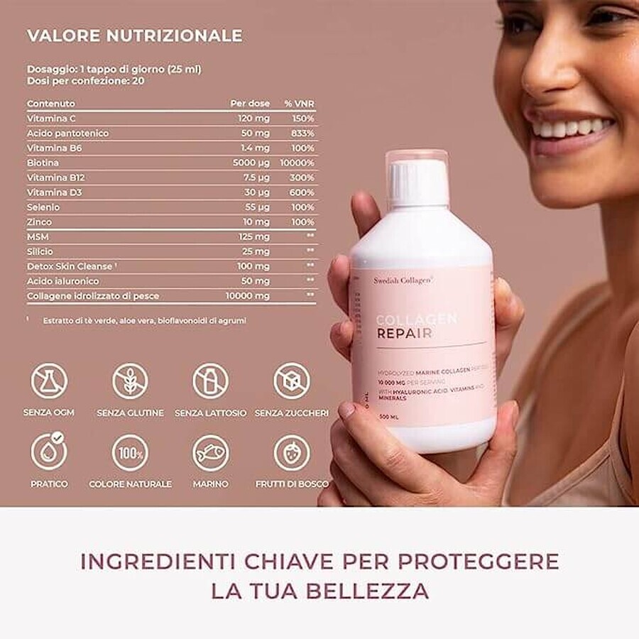 Collagen Repair, Acid Ialuronico, Vitamine e Minerali, 500 ml, Swedish Collagen