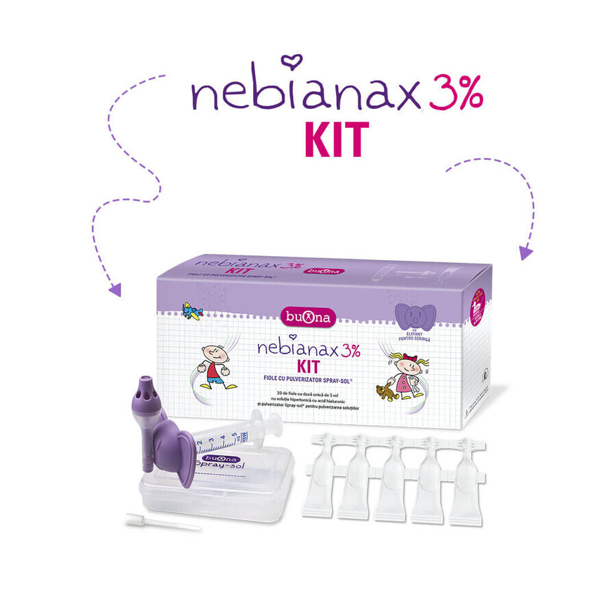 Kit Soluzione salina ipertonica al 3% con acido ialuronico + Spray, 20 x 5ml, Nebianax