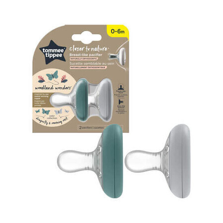 Ciuccio notturno Closer to Nature Breast like Ciuccio, 0-6 mesi, 2 pezzi, Verde/Grigio, Tommee Tippee