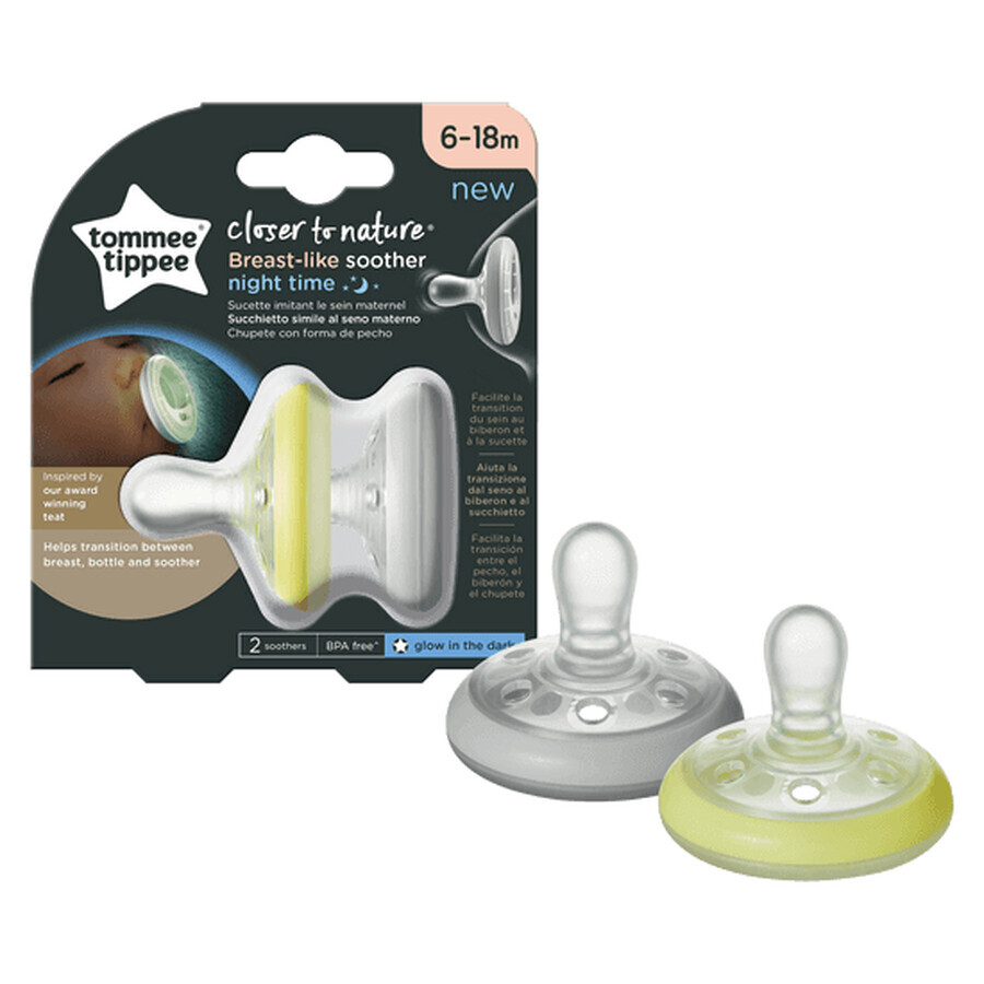 Ciuccio notturno Closer to Nature Breast like Succhietto, 6-18 mesi, 2 pezzi, Bianco/Giallo, Tommee Tippee