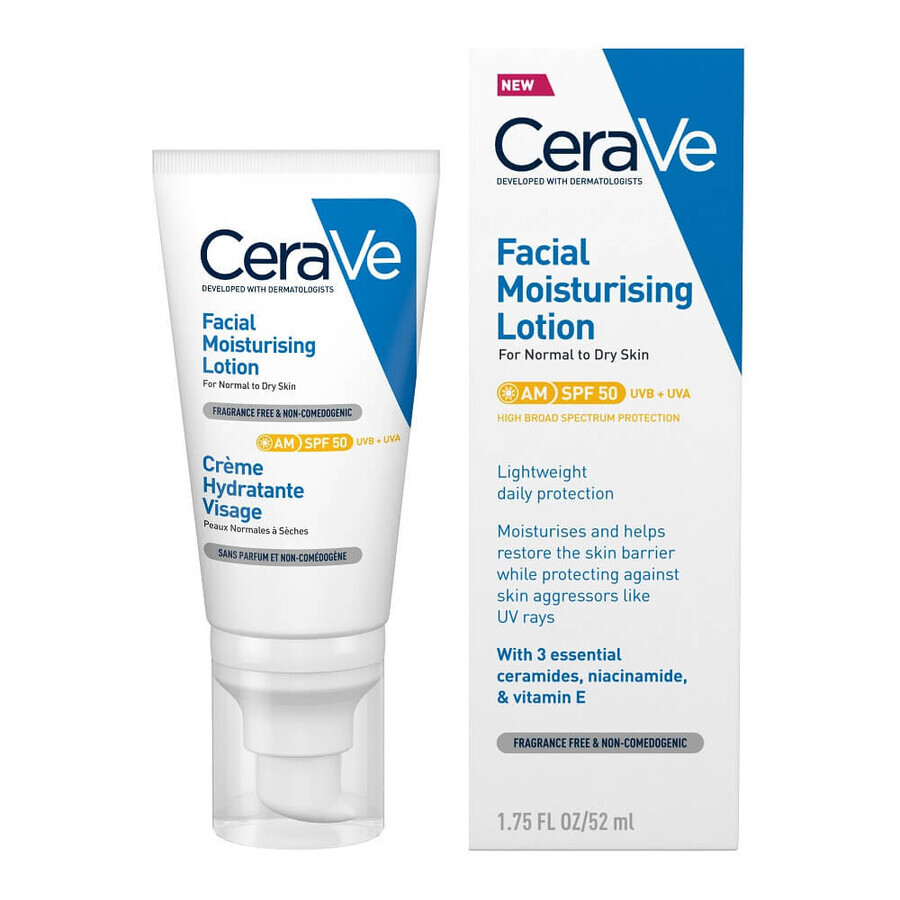 Moisturizing cream for normal-dry skin with SPF 50, 52 ml, CeraVe