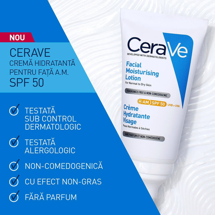 Moisturizing cream for normal-dry skin with SPF 50, 52 ml, CeraVe