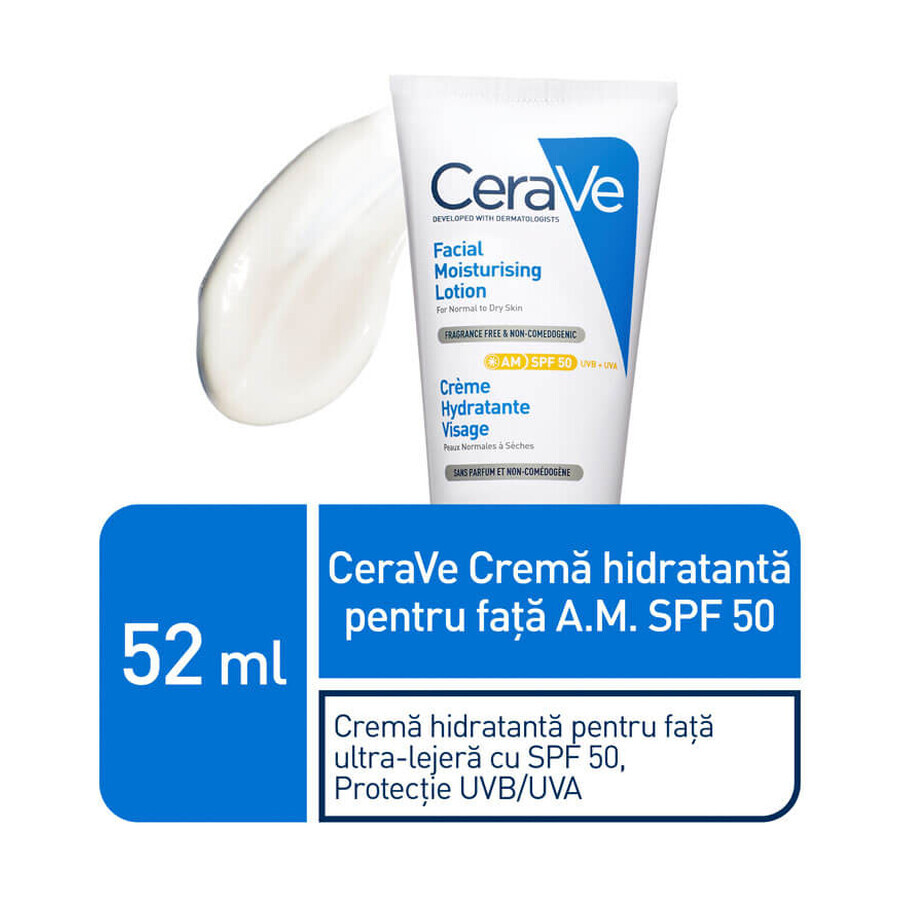 Moisturizing cream for normal-dry skin with SPF 50, 52 ml, CeraVe