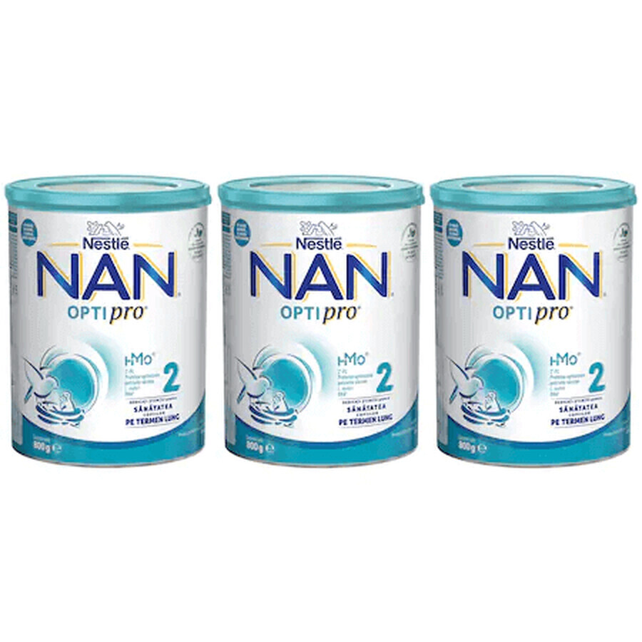 Pacchetto latte formula Nan 2 Optipro HMO, +6 mesi, 3x 800 g, Nestlé