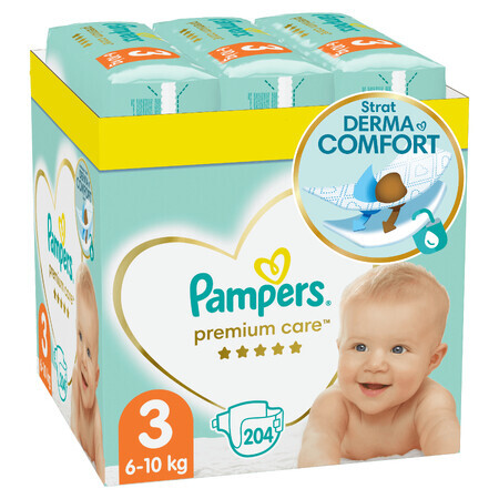 Pannolini Premium Care XXL Box, n. 3, 6-10 kg, 204 pezzi, Pampers