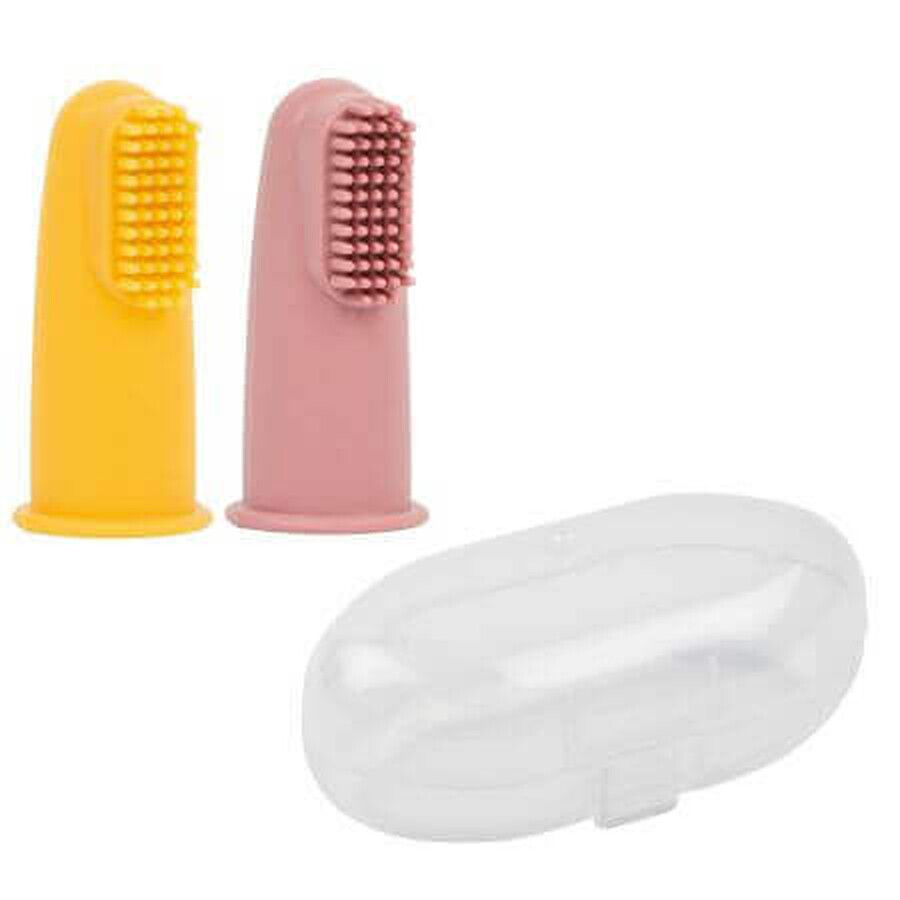 Set de 2 dedales de silicona y caja protectora, 6 meses+, amarillo y rosa, Nattou