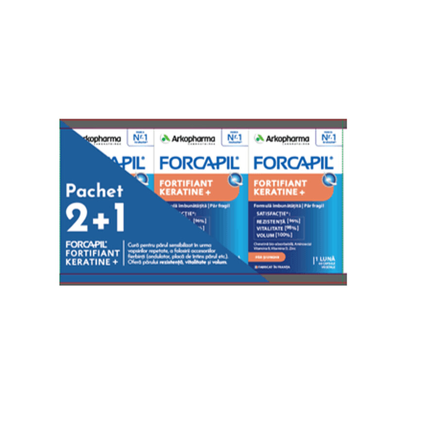 Confezione da 2 +1 Forcapil Fortificante Keratine +, 3 x 60 capsule vegetali, Arkopharma