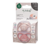 Set di 2 ciucci in silicone, forma anatomica, simmetrica, tettarella ortodontica flessibile First Moments MyButterfly, 16-32 mesi, Nip