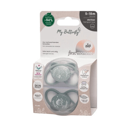 Set di 2 ciucci in silicone, forma anatomica, simmetrica, tettarella ortodontica flessibile First Moments MyButterfly, 5-18 mesi, Nip