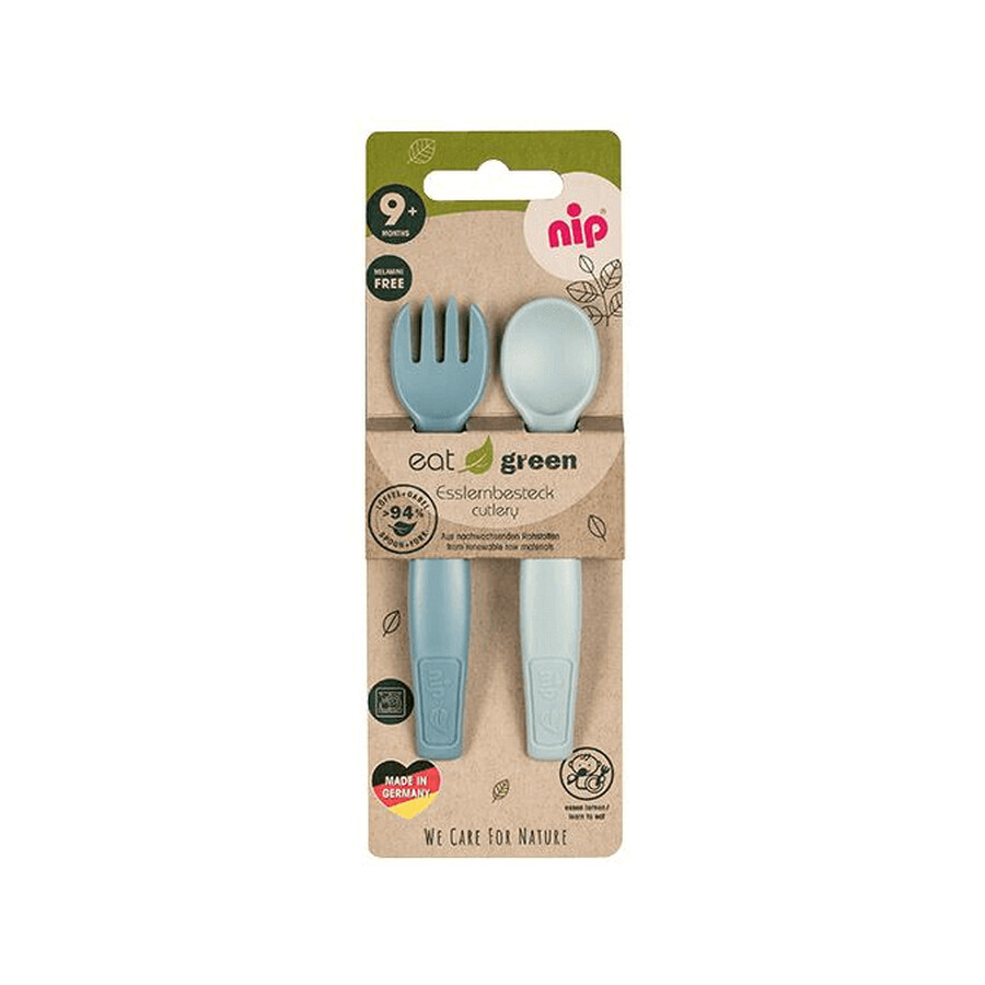 Set di posate per bambini, cucchiaio e forchetta Eat Green, 9 mesi +, Nip