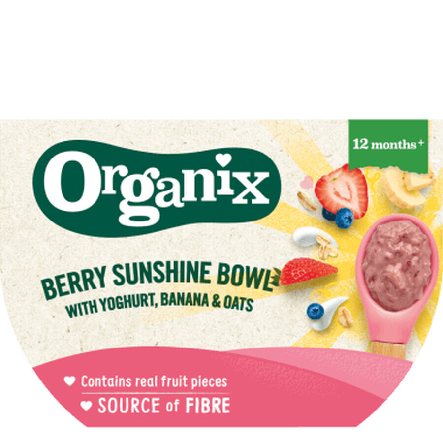 Purea con frutti di bosco, yogurt, banana e avena Berry Sunshine, 12 mesi+, 120 g, Organix