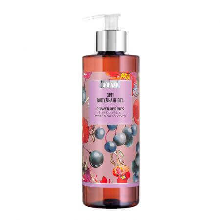 Shampoo e gel doccia, con estratto di rosa canina e frutti di sambuco nero, Power Berries, 400 ml, Biobaza