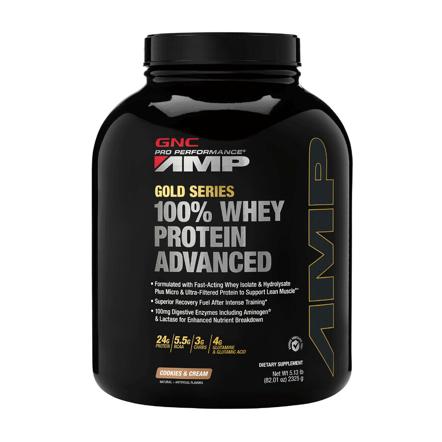 Gnc Amp Gold Series 100% Whey Protein Advanced, proteine ​​del siero di latte, al gusto di biscotti e panna montata, 2325 G