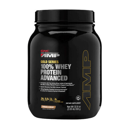 Gnc Amp Gold Series 100% Whey Protein Advanced, proteine ​​del siero di latte, al gusto di biscotti e panna montata, 930 G