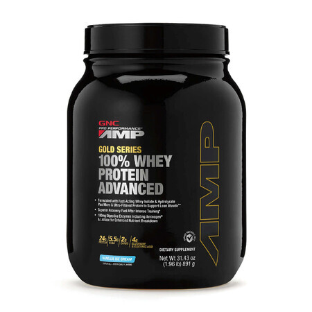 Gnc Amp Gold Series 100% Whey Protein Advanced, wei-eiwit, vanillesmaak, 891 G