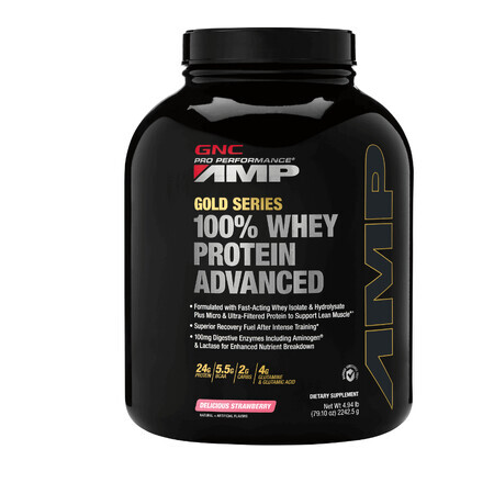 Gnc Pro Performance Amp Amplified Gold Series Proteína de suero 100% avanzada con sabor a fresa, 2242.5g