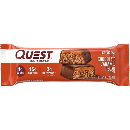 Quest Hero Barrita de proteínas con sabor a chocolate crujiente, nuez y caramelo, 60 G