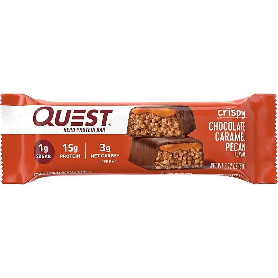 Quest Hero Barrita de proteínas con sabor a chocolate crujiente, nuez y caramelo, 60 G