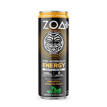 Zoa + Pre-workout Energy Drink Zero Sugar, Bevanda Energetica Senza Zuccheri Al Gusto Di Ananas E Frutto Della Passione, 355 Ml