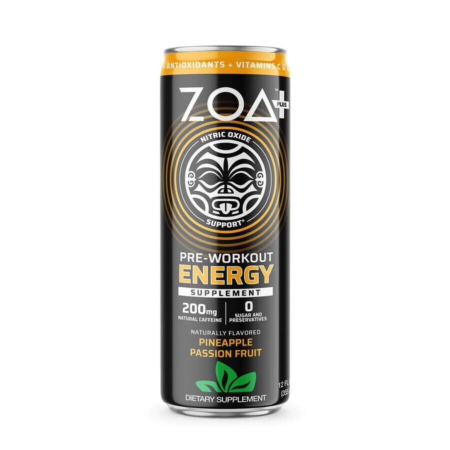 Zoa + Pre-workout Energy Drink Zero Sugar, Bevanda Energetica Senza Zuccheri Al Gusto Di Ananas E Frutto Della Passione, 355 Ml