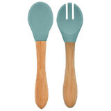 Set cucchiaio e forchetta con punta in silicone e manico in bambù, Aqua Green, Minikoioi