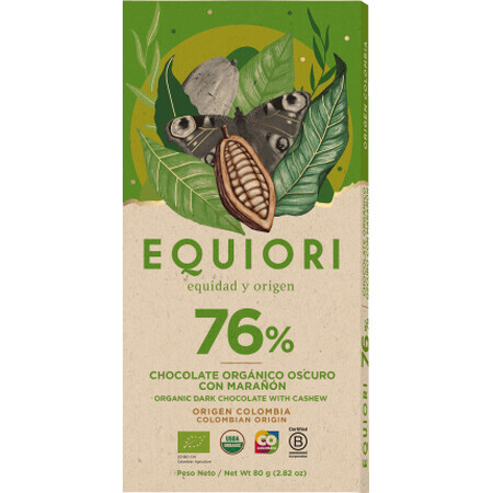 Equiori Cioccolato fondente 76% anacardi, ECO80g, 80 g
