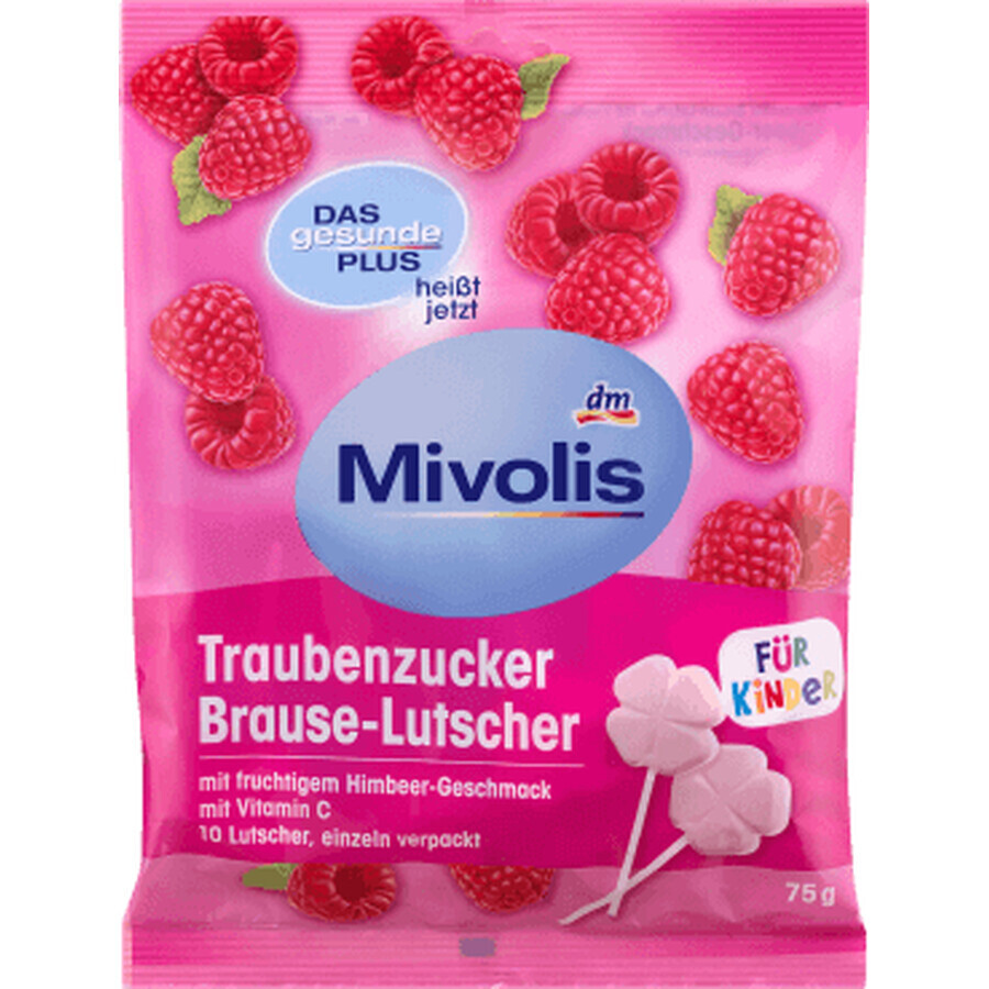 Mivolis Effervescent raspberry-flavoured dextrose lollipops, 10 pieces