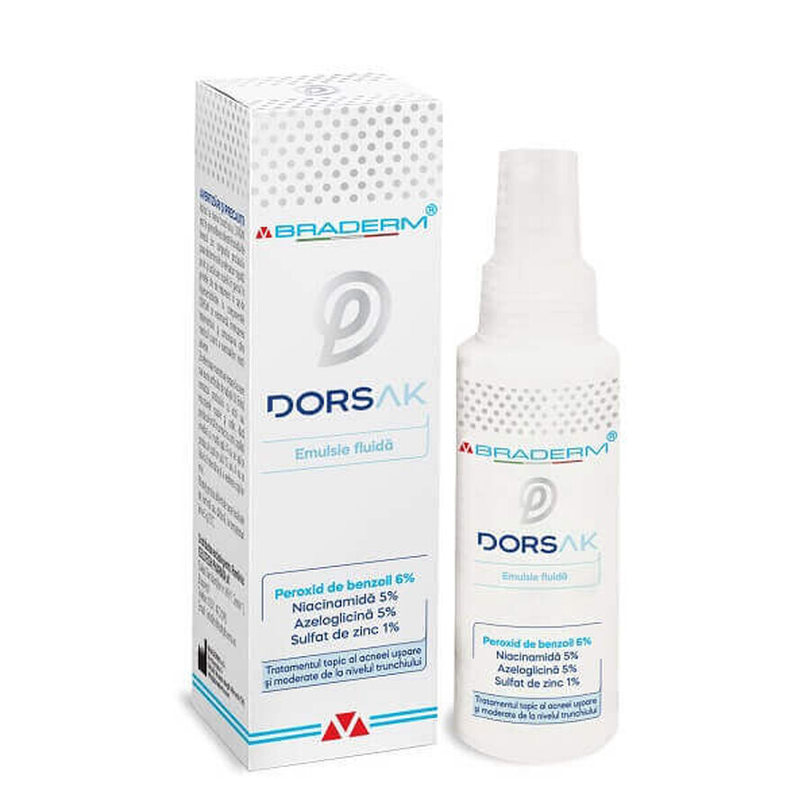 Dorsak spray con emulsione fluida per l'acne del tronco, 100 ml, Braderm