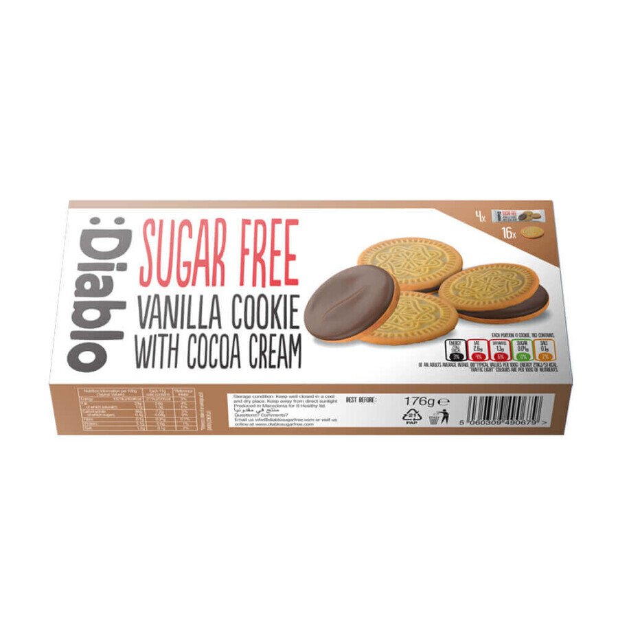 Biscotti alla vaniglia senza zucchero con ripieno di cioccolato, 176 g, Diablo