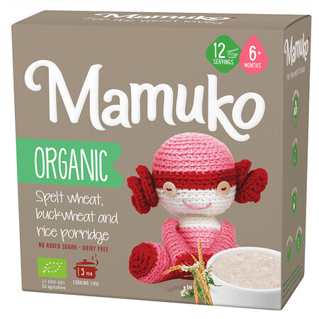 Porridge di farro e riso bio senza zucchero per bambini, +6 mesi, 200 g, Mamuko