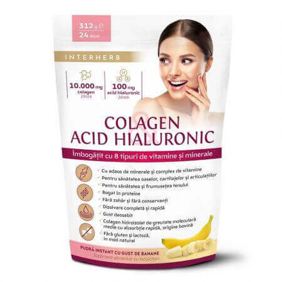 Polvere istantanea di collagene e acido ialuronico al gusto di banana Shake, 312 g, Interherb