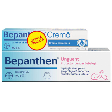 Bepathen unguento per dermatite da pannolino, 100 g + crema Bepanthen con pantenolo 5%, 30 g, Bayer