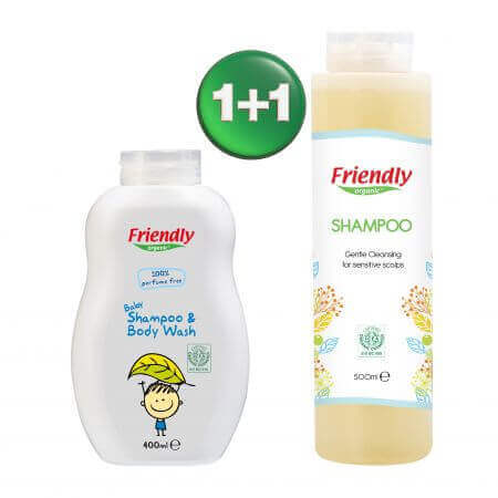 Confezione Shampoo neonati senza profumo 400 ml + Shampoo adulti 500 ml, Friendly Organic