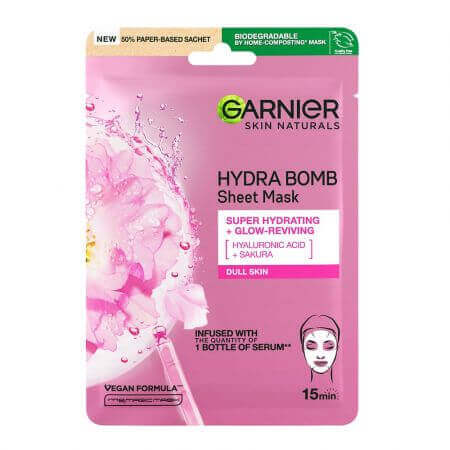 Maschera in tovagliolo con Sakura e acido ialuronico per l'idratazione e la rivitalizzazione Skin Naturals, 28 g, Garnier