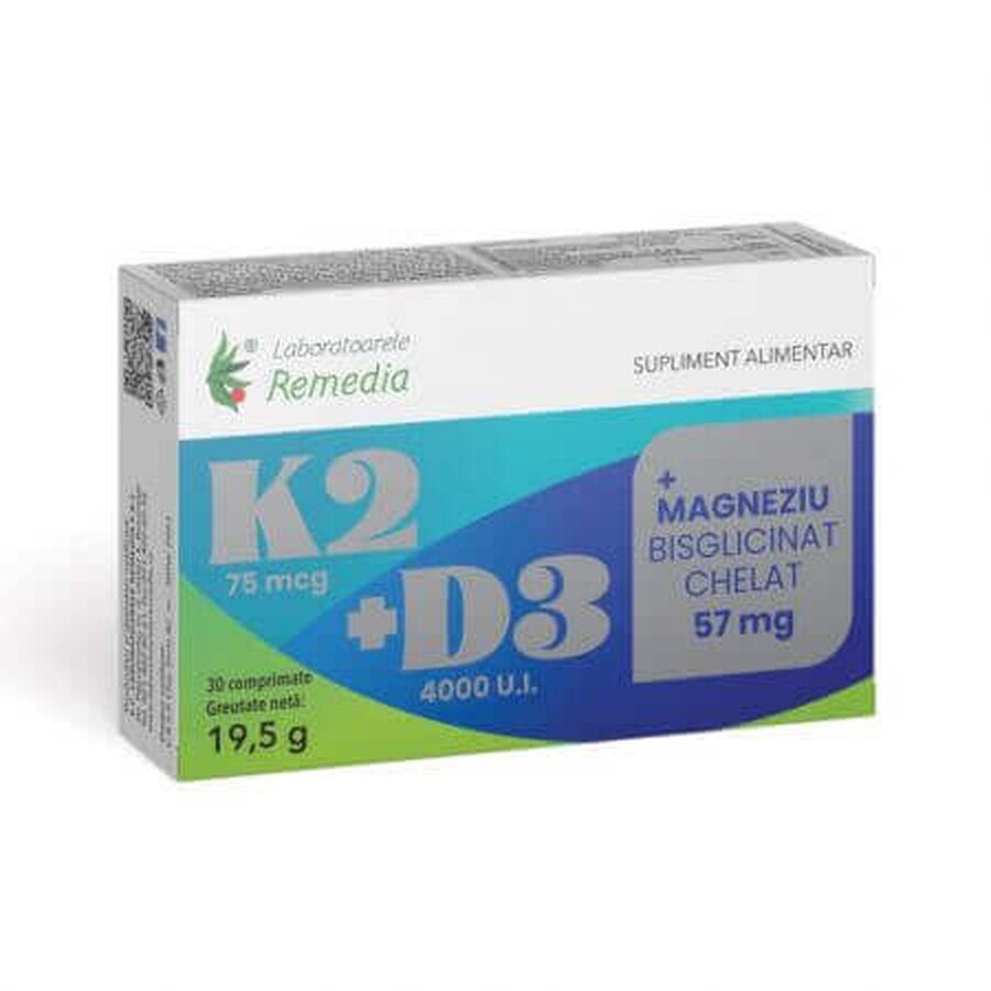 K2+D3+Chelato bisglicinato di magnesio, 57 mg, 30 compresse, Remedia