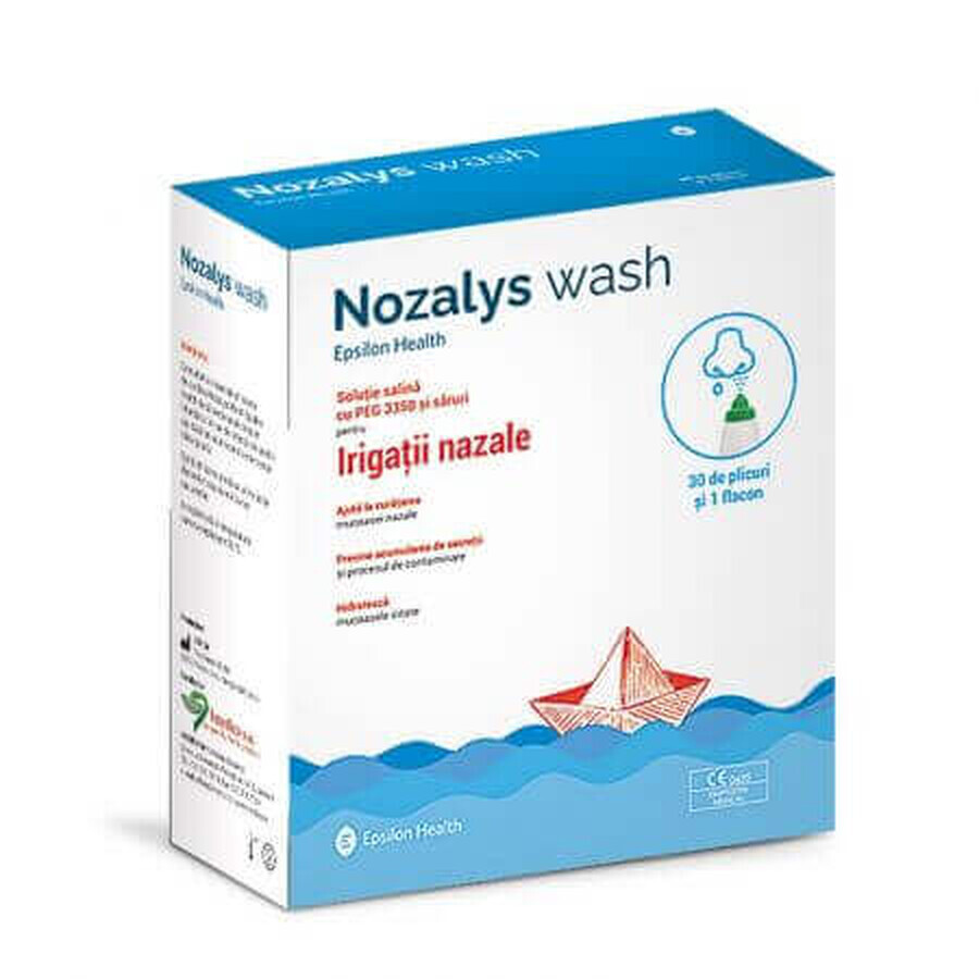 Soluzione salina per irrigazione nasale + dispositivo Nozalys Wash, 30 buste + 1 flacone da 240 ml, Epsilon Health