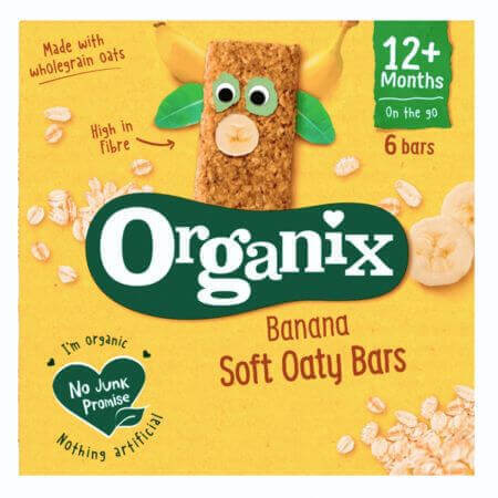 Barrette di avena integrale bio con cereali e banane, +12 mesi, 6 barrette x 23 g, Organix