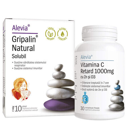 Gripalin Naturale solubile 10 buste + Vitamina C 1000 mg Retard con Zn e D3 30 compresse, Alevia