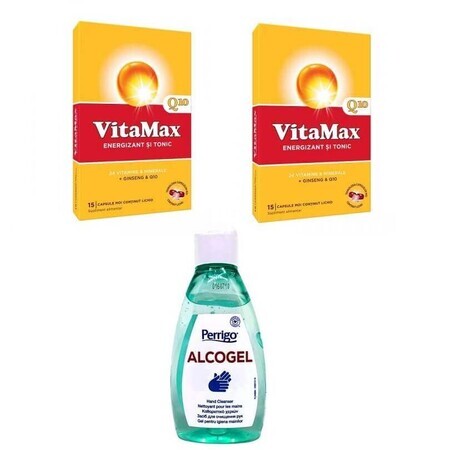 Confezione Vitamax Q10, 15 + 15 capsule 40% del secondo prodotto + Alcogel, 200 ml, Perrigo