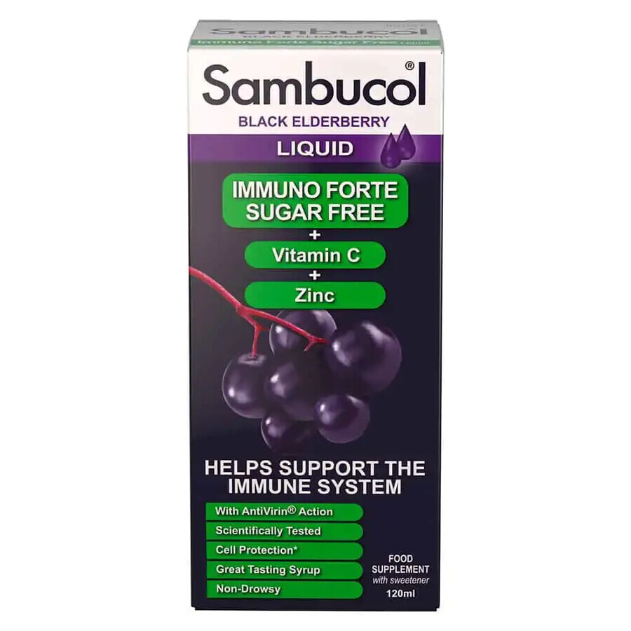 Sciroppo senza zucchero con sambuco nero, vitamina C e zinco Immuno Forte, 120 ml, Sambucol