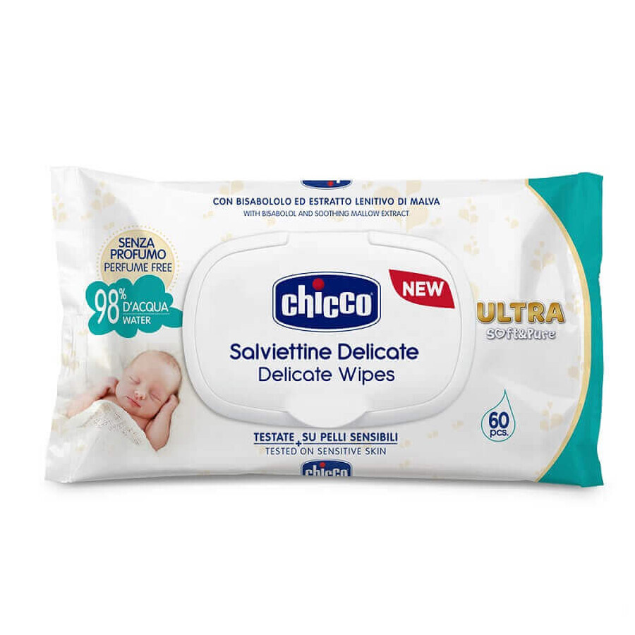 Chicco Salviettine Delicate Ultra Soft & Pure Detergenti Senza Profumo, 60 Pezzi