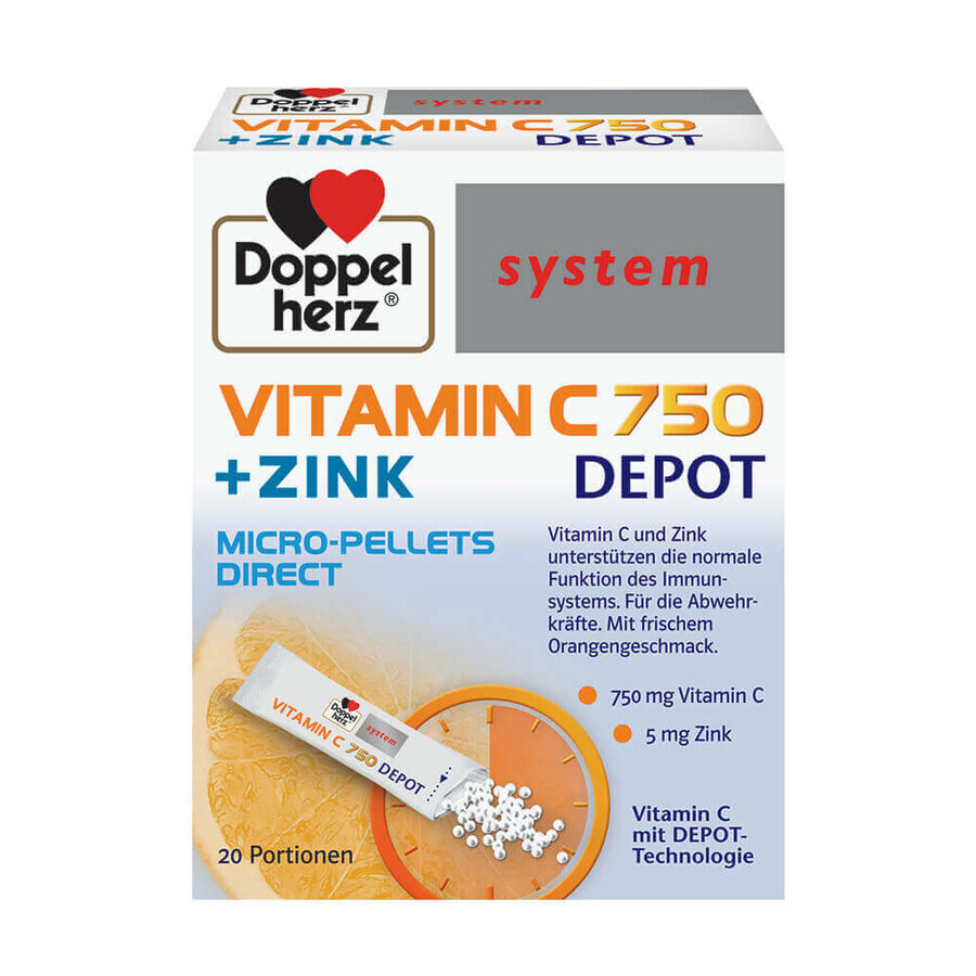 Vitamin C 750 Depot Plus Zinc, 20 bustine di polvere orale, Doppelherz System