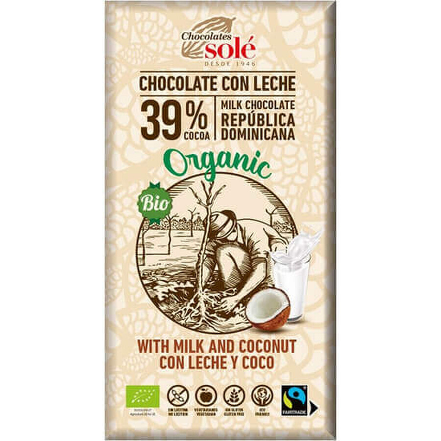 Cioccolato al latte e cocco BIO e Fairtrade 39% cacao, 100g, Pronat