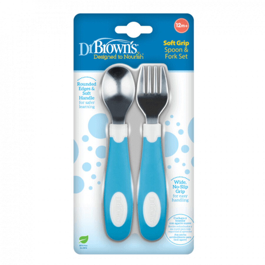Set cucchiaio e forchetta Soft Grip +12 mesi, Blu, Dr Brown's