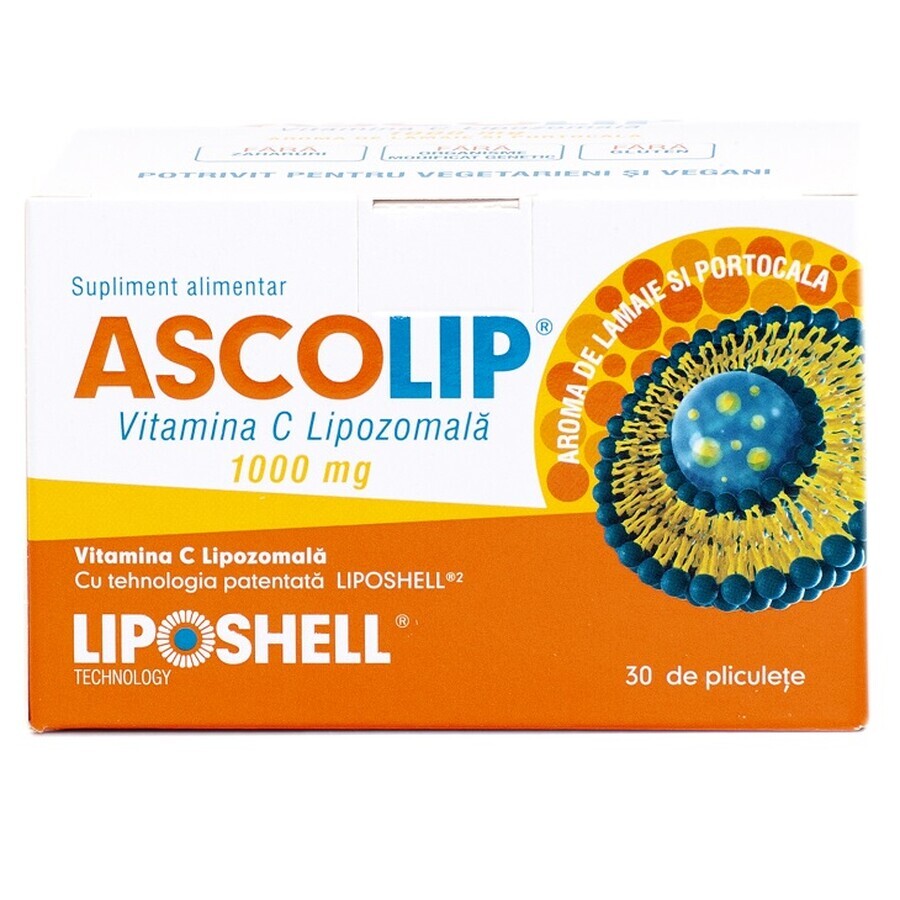Vitamina C Liposomiale al gusto di arancia Ascolip, 1000 mg, 30 bustine, Liposhell
