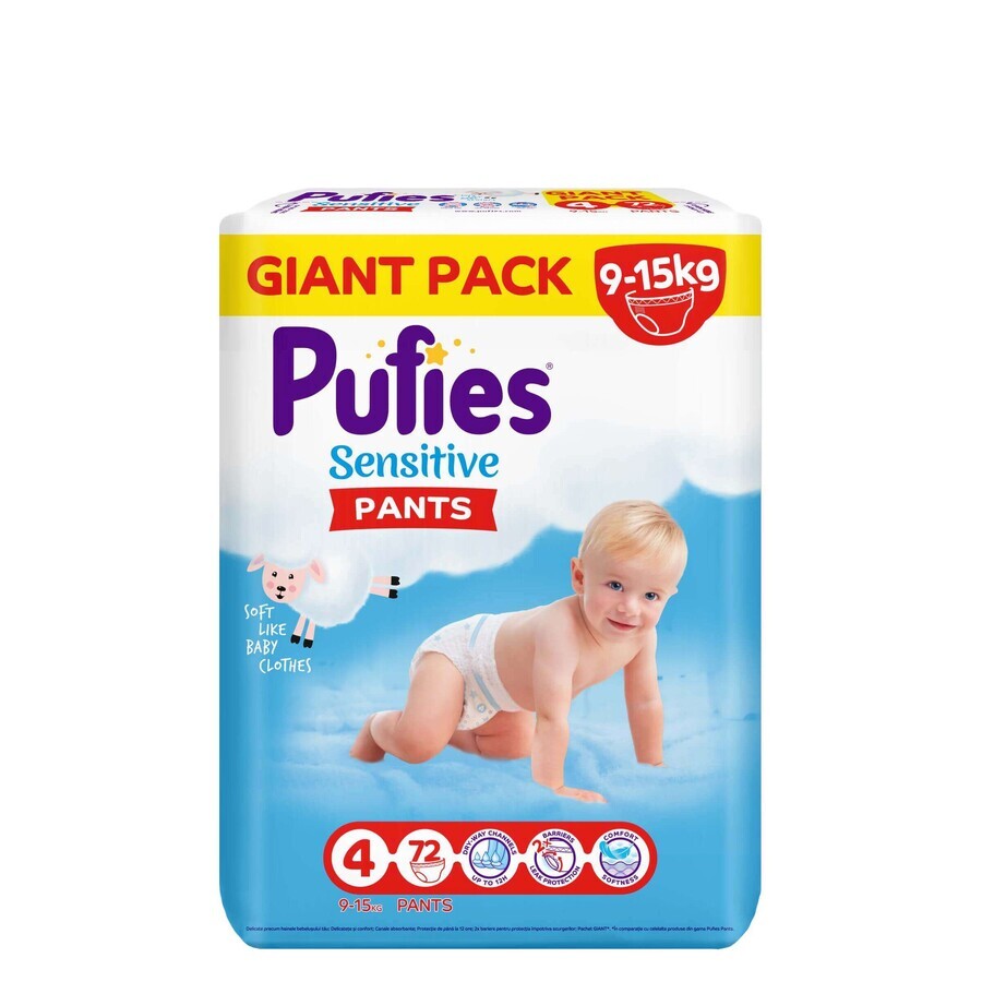 Pantaloni per pannolini Pufies Sensitive GP Maxi, 9-15 kg, n. 4. 72 pezzi, Sbuffi