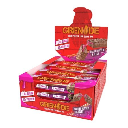 Grenade Barretta ad alto contenuto proteico, burro di arachidi e gelatina a basso contenuto di zuccheri, barretta proteica al burro di arachidi e gusto gelatina, 60 G